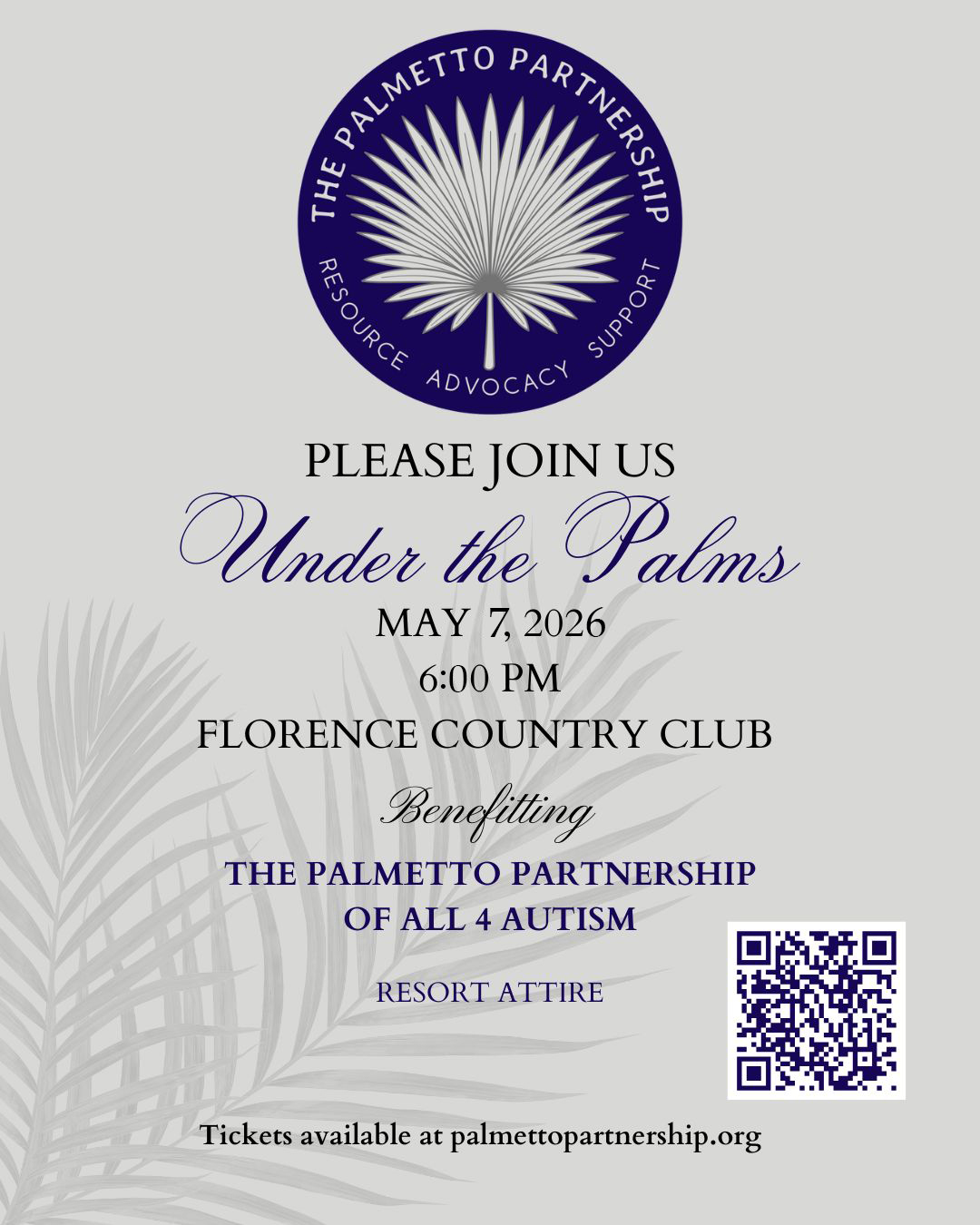 An invitation to join us for the 2nd annual Under the Palms event on May 1, 2025, at the Florence Country Club.