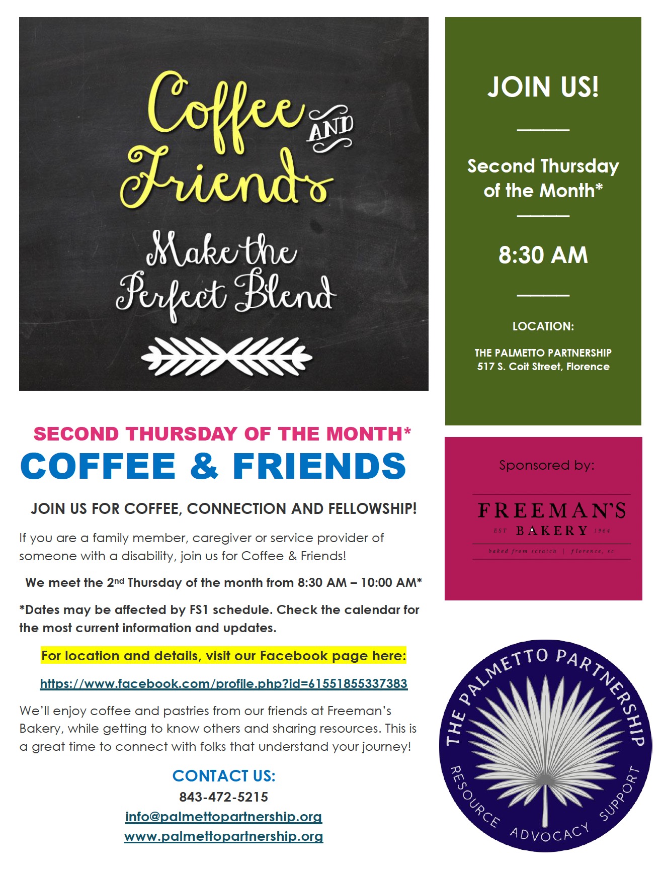 A flyer detailing the Coffee and Friends gathering that meets the second Tuesday of every month from 8:30am-10am at The Palmetto Partnership office.